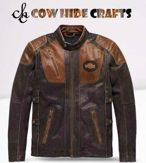 Front and back prints on brown Harley inspired bomber jacket