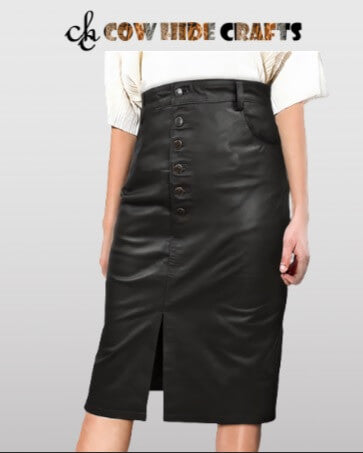 Black leather mid length button down skirt with front slit