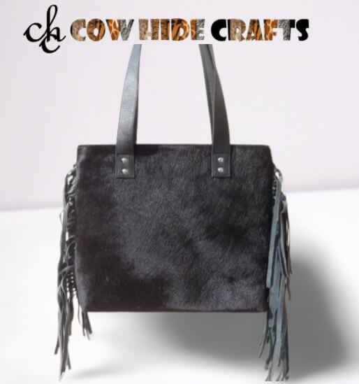 Full black cowhide bag long flowing fringes