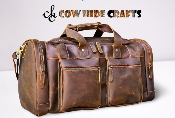 Full-grain leather duffle two front zippered utility pockets