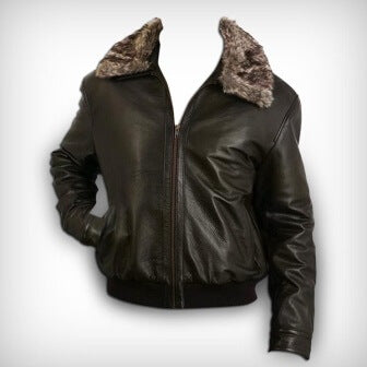 Fur collar detail on men's black sheepskin pilot jacket