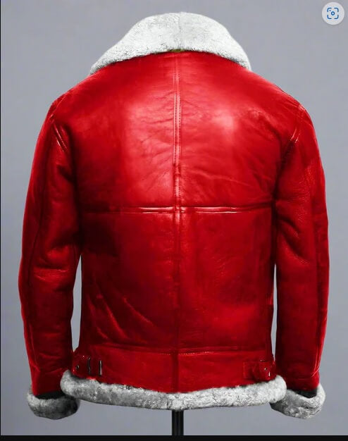 Fur trim collar and cuff detail on red sheepskin bomber jacket