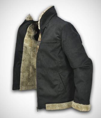 Fur trim at waist collar and cuffs on black sheep leather jacket