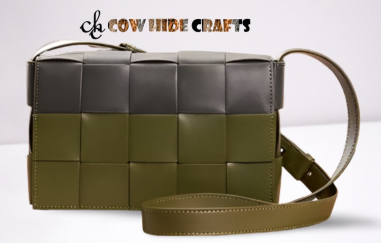 Genuine leather two-tone square patch bag women