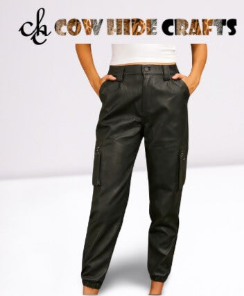 Genuine sheepskin relaxed cargo leather pants front view women