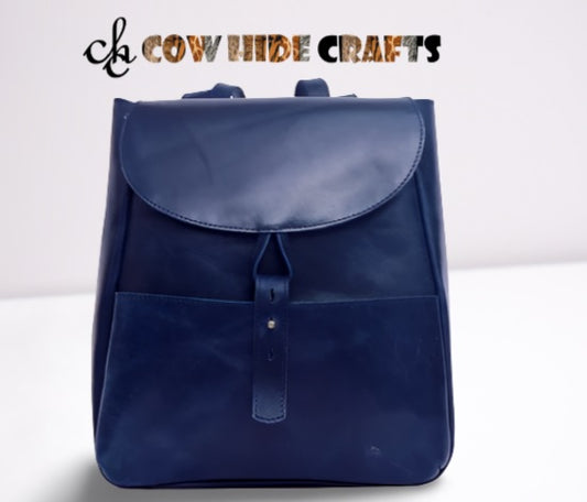 Blue Leather Medium Size Leisure Backpack