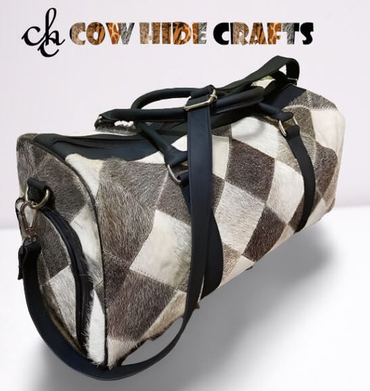 Gray cowhide duffle bag shoe compartment weekender