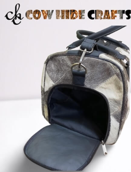 Gray cowhide duffle dedicated side shoe pocket