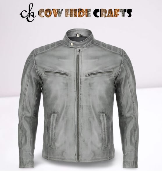 Men's gray slim fit sheepskin leather jacket front