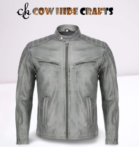 Men's gray slim fit sheepskin leather jacket front