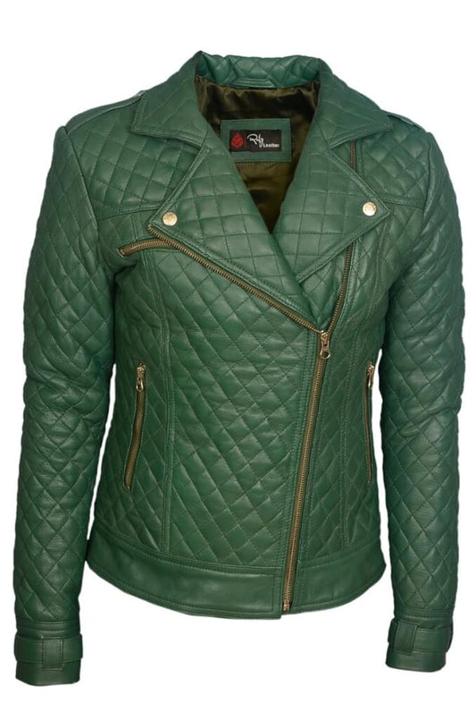 Women's green quilted sheepskin leather jacket front
