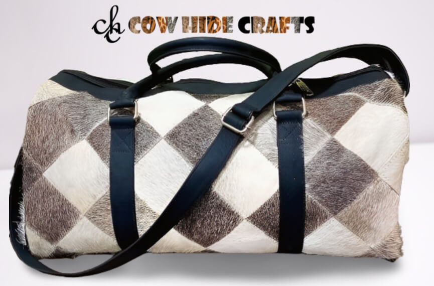 Grey patchwork cowhide bag dual handles strap