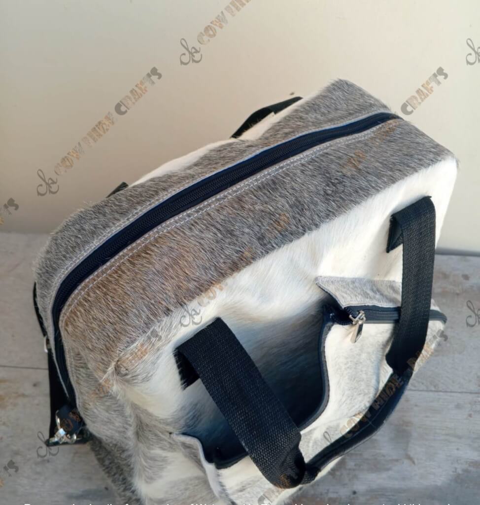 Grey white cowhide sports bag main zipper compartment