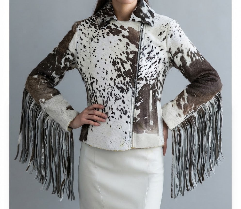Hair-on cowhide fringe biker jacket front view