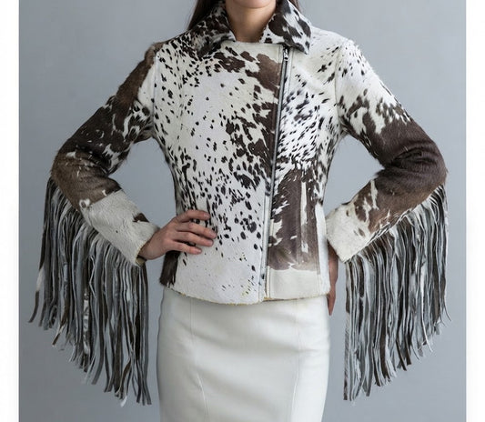 Hair-on cowhide fringe biker jacket front view