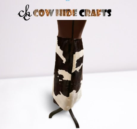 Hair-on cowhide midi skirt front view in dark brown and white pattern