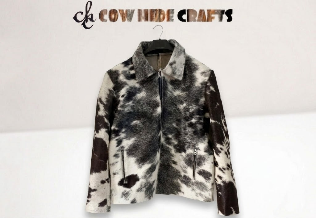 Hair-on cowhide rider jacket front view with grayish-black pattern