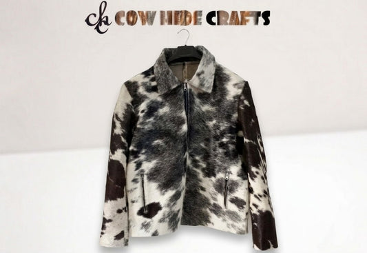 Hair-on cowhide rider jacket front view with grayish-black pattern