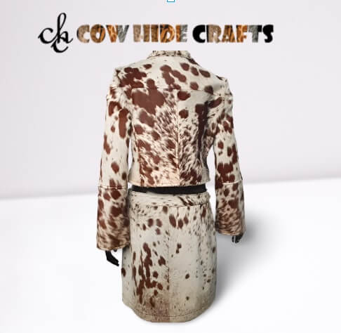 Hair-on cowhide texture detail on tan white jacket skirt set