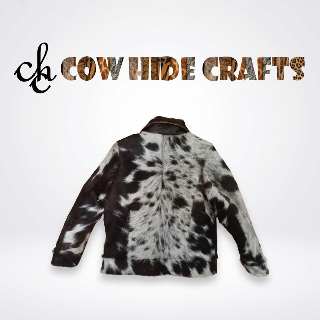 Hair-on cowhide shirt jacket back view showing natural pattern