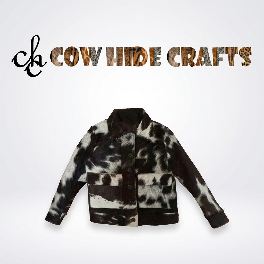Hair-on cowhide shirt jacket front view with button closure