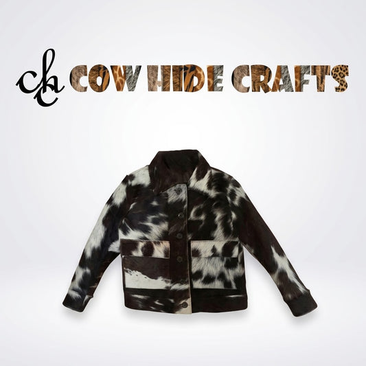 Hair-on cowhide shirt jacket front view with button closure