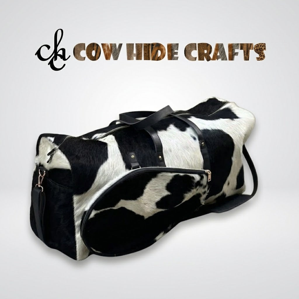 Hair-on cowhide sports duffel bag side view in black and white pattern