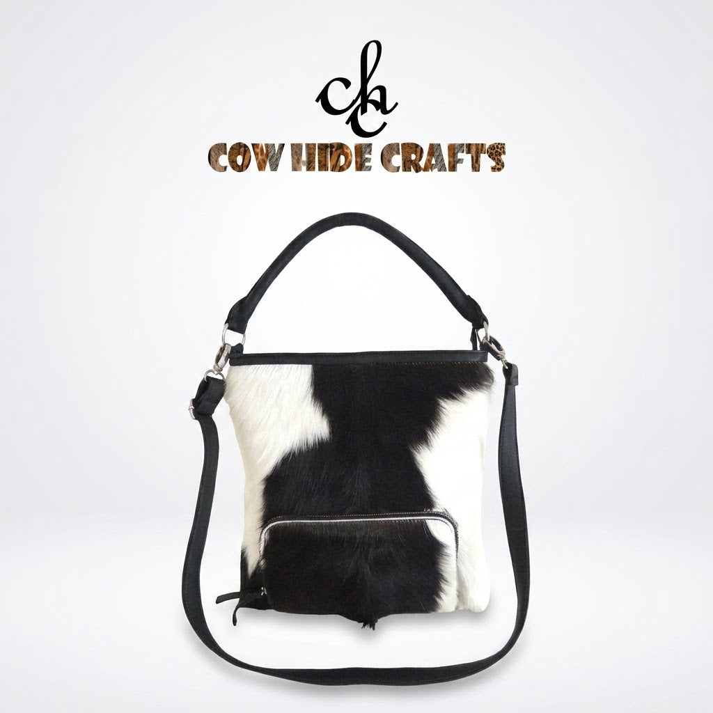 Hair-on cowhide tote bag front view in black and white pattern