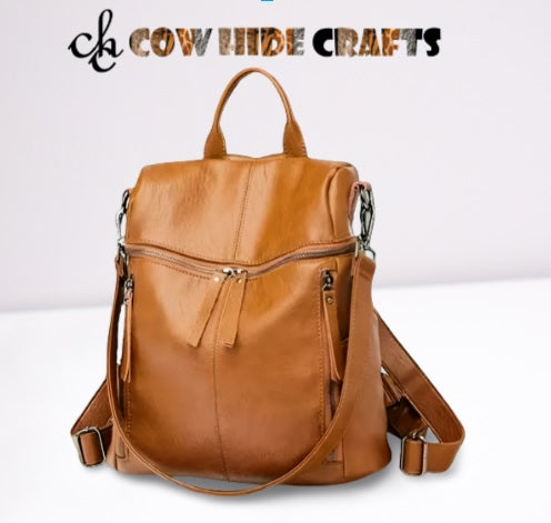 Front Zipper Closure Tan Leather Backpack