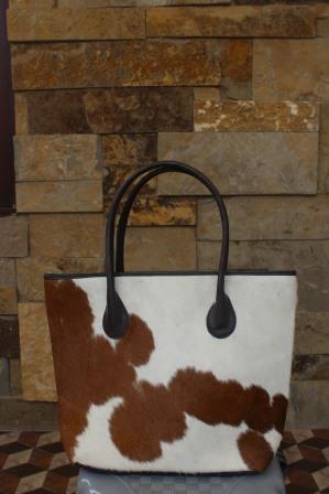 Handmade cowhide tote purse tan white