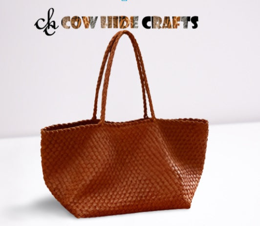 Handwoven braided leather tote bag