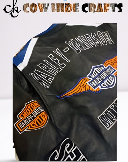Harley theme print on back of inspired leather jacket