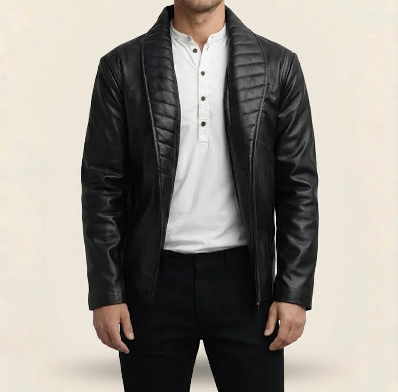 Open-front view of shawl collar leather jacket showing zipperless placket