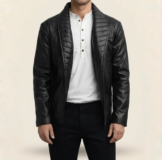 Open-front view of shawl collar leather jacket showing zipperless placket