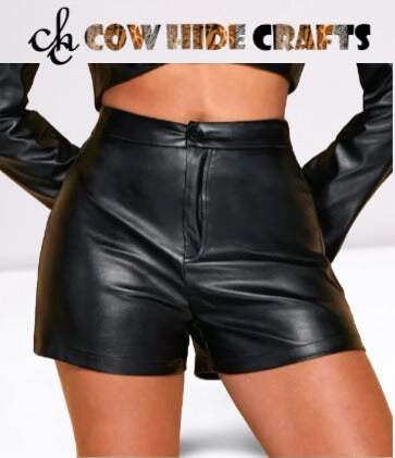  Women's hi-waisted bold black sheepskin leather shorts