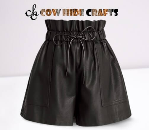 Women's high rise ruffle black sheepskin leather shorts front view