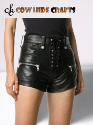 Women's high waist black leather lace-up shorts front view