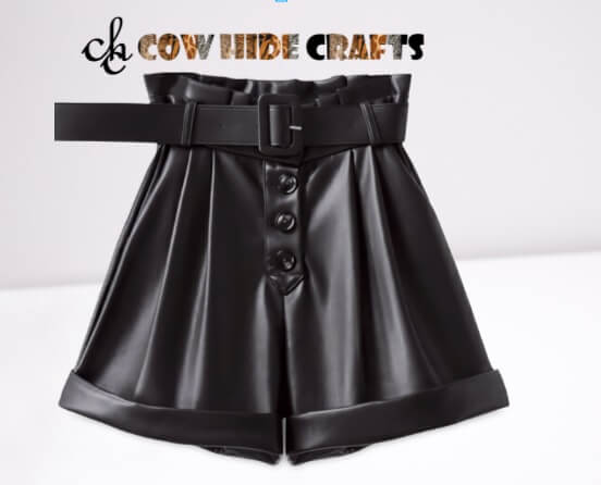 Women's high waist black sheepskin leather shorts front view
