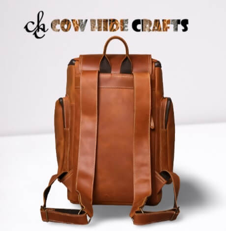 leather hiking rucksack with multiple pockets