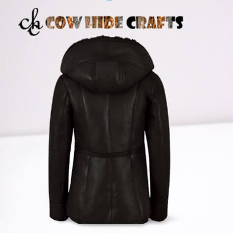 Hip length leather jacket with hood 