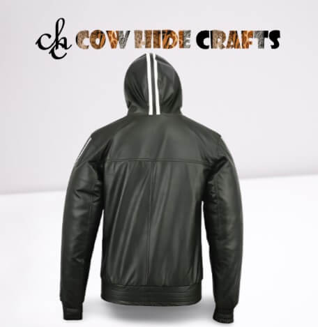 Hood detail on black leather jacket with white stripe design