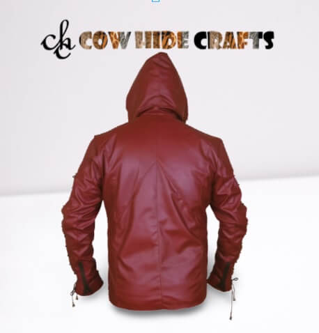 Hood detail on red maroon sheepskin leather jacket
