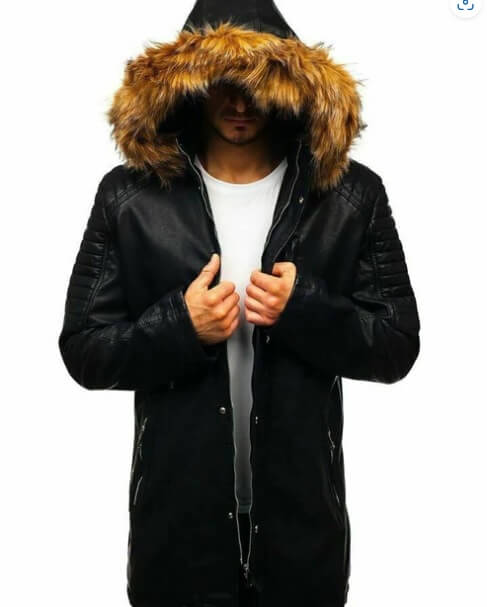 Hood and snap button closure on men's black leather parka coat