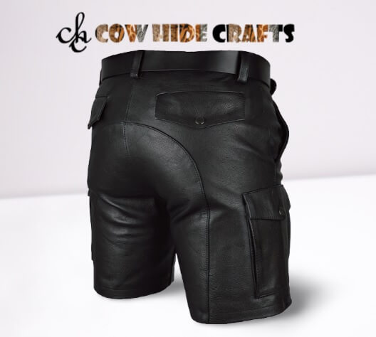 Hook closure and belt loops on black leather summer shorts