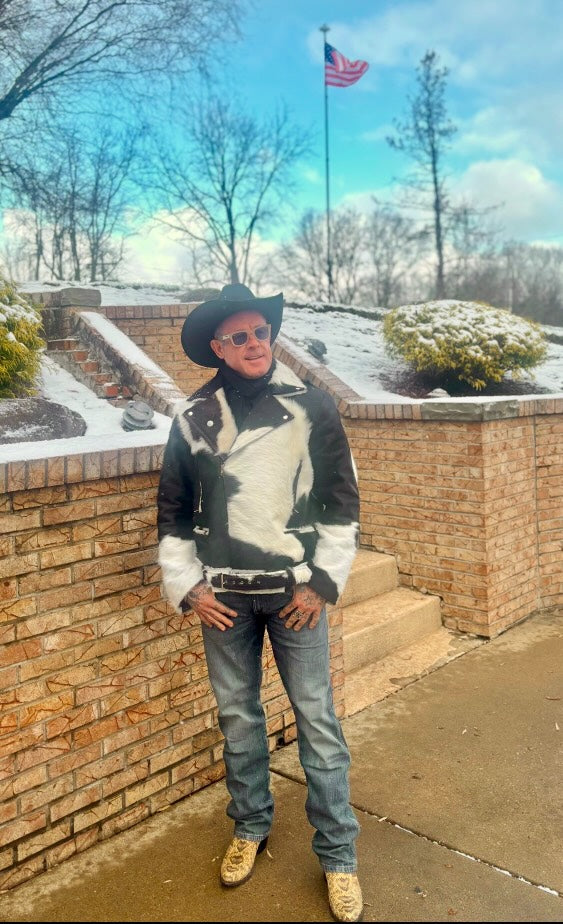 Cowhide leather jacket with waist belt