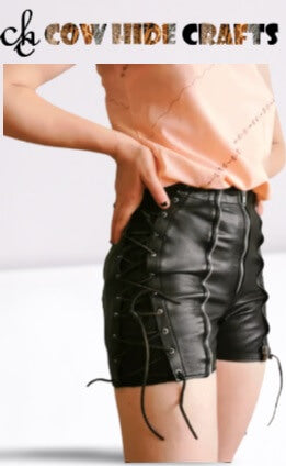 Lace side detailing on black leather shorts women