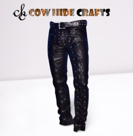 Lace-up corset leather trousers front view with grommet detailing