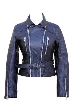 Ladies short waist bomber leather jacket with waist belt front