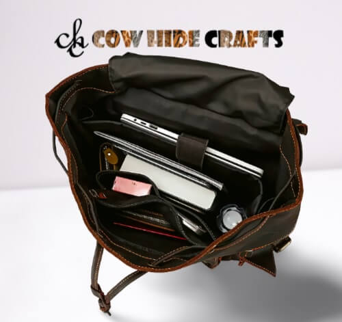 Padded laptop sleeve interior on Crazy Horse leather backpack
