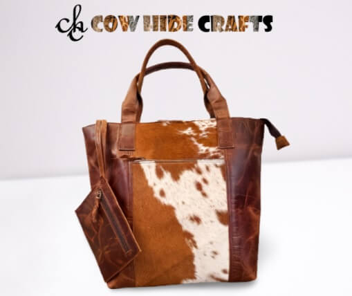 Large cowhide shoulder tote tan white